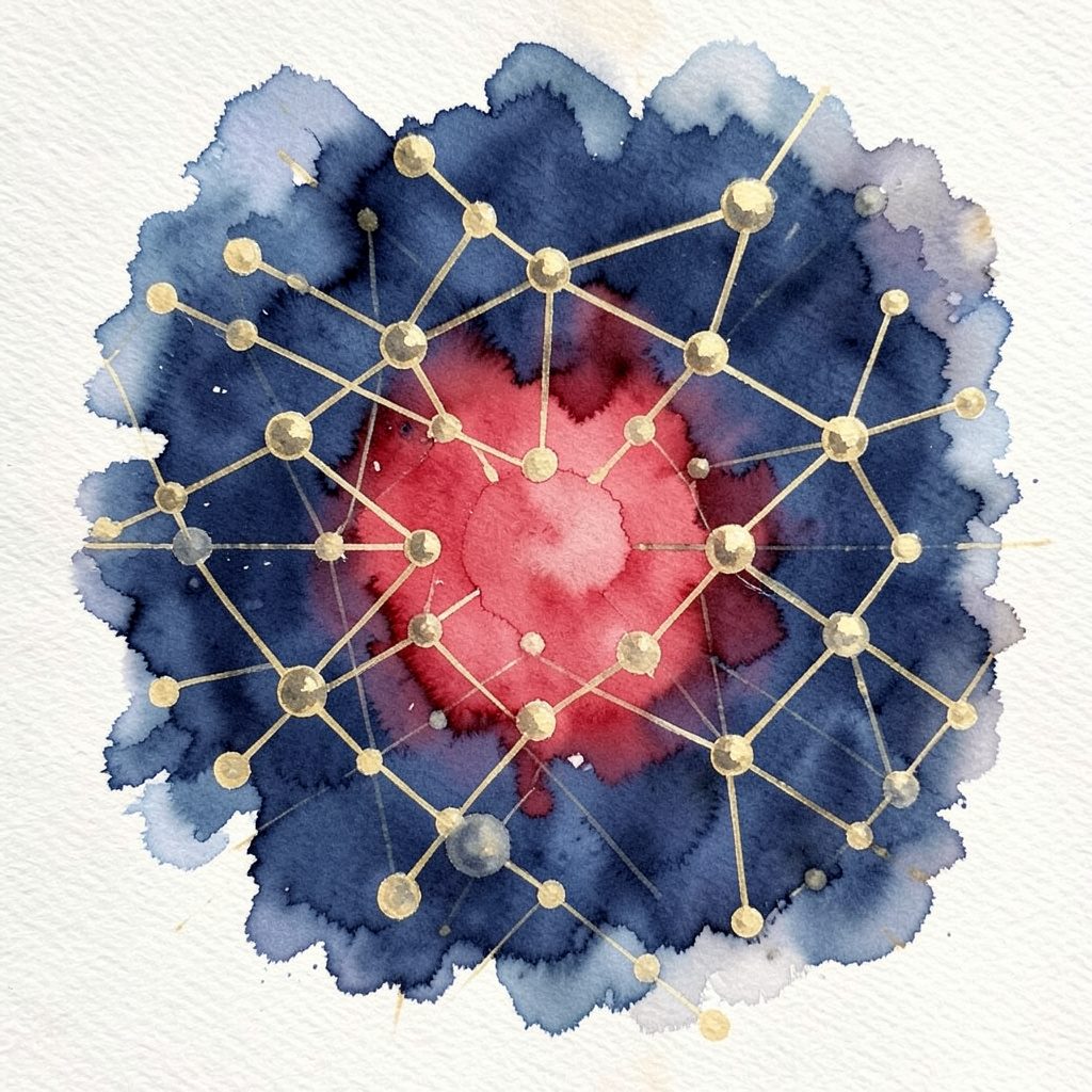 Watercolour of interconnected digital nodes and industrial machinery in deep navy and soft gold, suggesting smart manufacturing