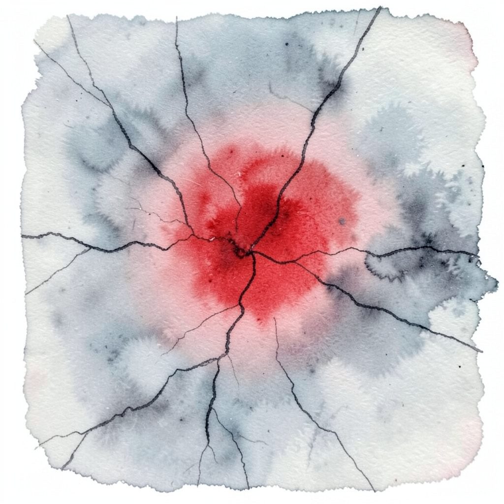 Watercolour of a mold surface with fine crack details in cool grey and charcoal tones, highlighting material stress