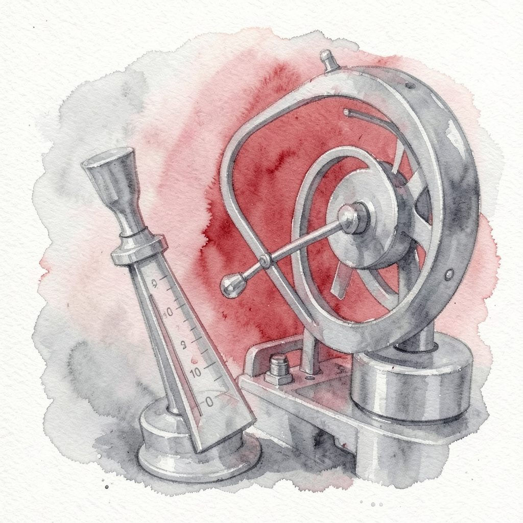 Watercolour painting of a spindle and rotating machinery in soft steel greys with subtle motion blur, evoking precision measurement