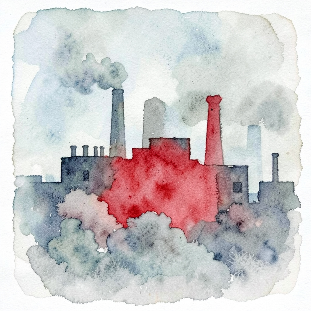 Watercolour illustration of factory silhouettes in muted greys and blues, suggesting competitive industrial landscape