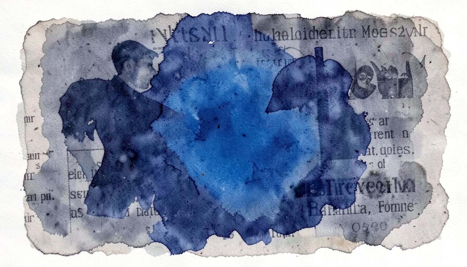 Watercolour painting of industrial newsprint textures and mold-making silhouettes in deep navy and muted grey, suggesting manufacturing journalism