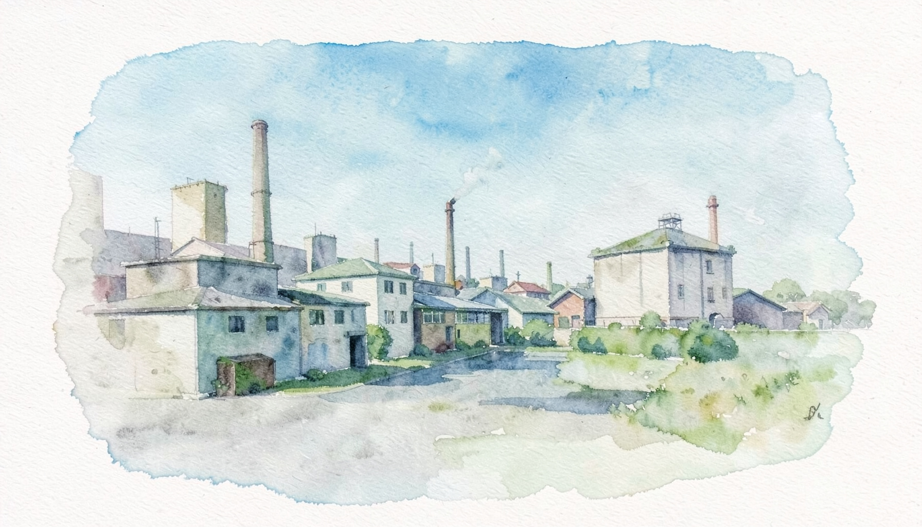 Watercolour painting of an industrial district in Jinjiang with factory buildings in muted greys and soft green tones, set against a pale sky