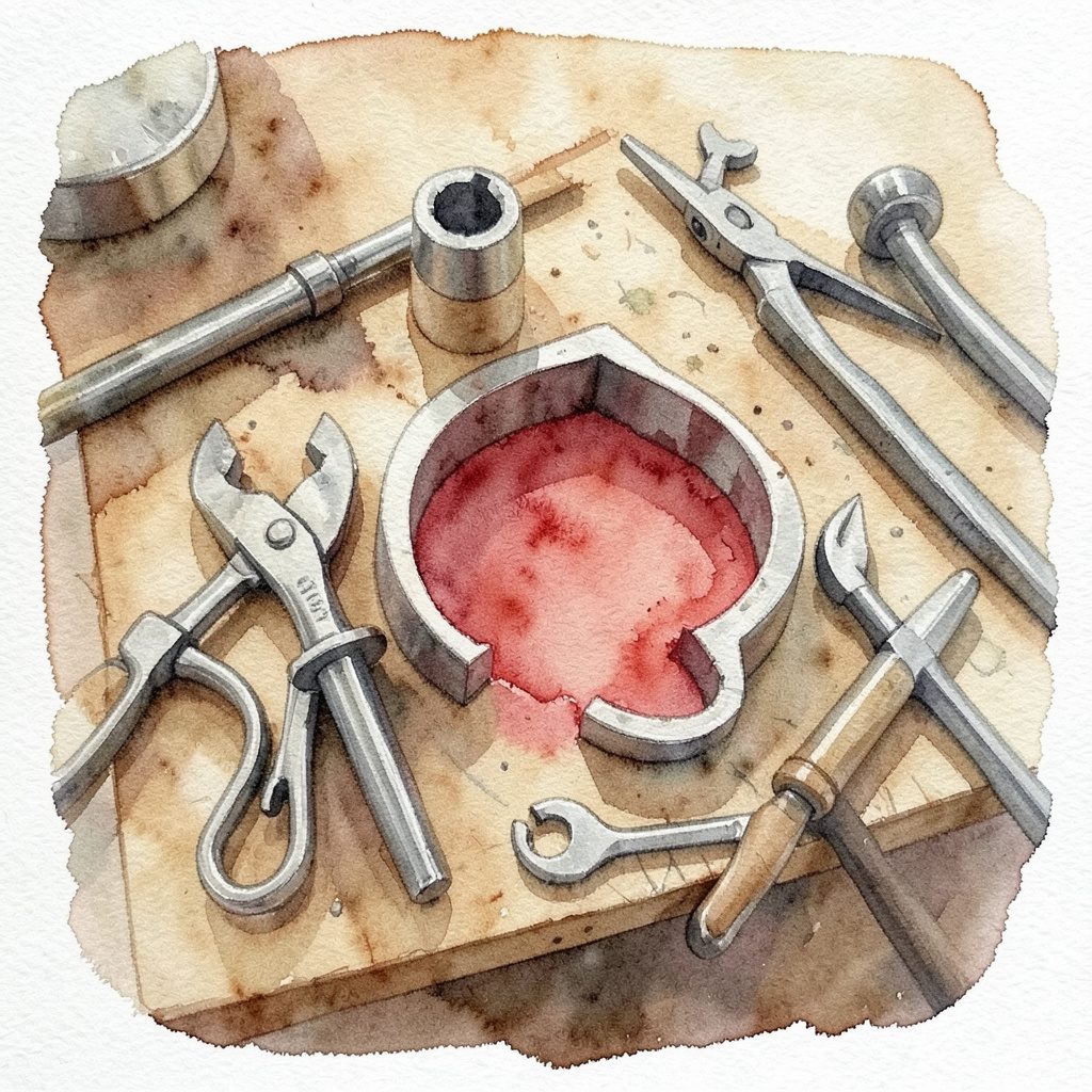 Watercolour of precision hand tools and mold components arranged on a workbench in warm browns and metallic greys